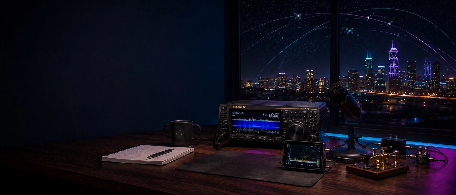 Cyberpunk amateur radio station with glowing radios and Fort Worth skyline
